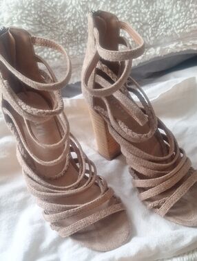 mi,im Strappy Taupe Suede High Block Heel Sandals - Women Geniune Leather Size 7